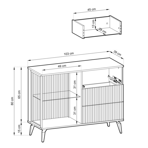 Commode Dawson KSZ103 – Noyer – Cachemire – Vitrée – Éclairage LED – Largeur 103 cm, Hauteur 80 cm, Profondeur 39 cm – Image 3