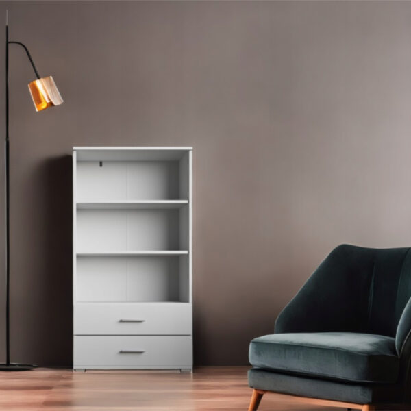 Étagère FAUSKE - 2 Tiroirs - Blanc - Largeur 69 cm, Hauteur 130 cm, Profondeur 34 cm – Image 2
