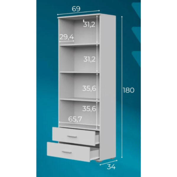 Étagère FAUSKE - 2 Tiroirs - Blanc - Largeur 69 cm, Hauteur 180 cm, Profondeur 34 cm – Image 3