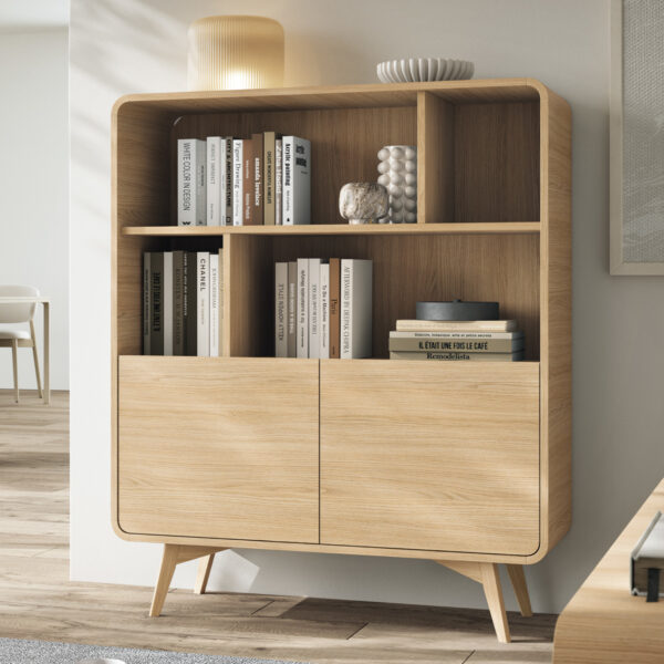 Étagère Cornwall – Chêne – Arrondie – Pieds en bois – Largeur 108 cm, Hauteur 130 cm, Profondeur 39 cm – Image 2