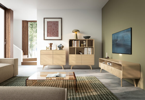 Étagère Cornwall – Chêne – Arrondie – Pieds en bois – Largeur 108 cm, Hauteur 130 cm, Profondeur 39 cm – Image 5