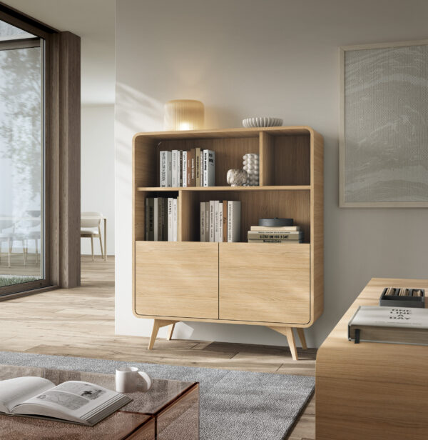 Étagère Cornwall – Chêne – Arrondie – Pieds en bois – Largeur 108 cm, Hauteur 130 cm, Profondeur 39 cm – Image 6