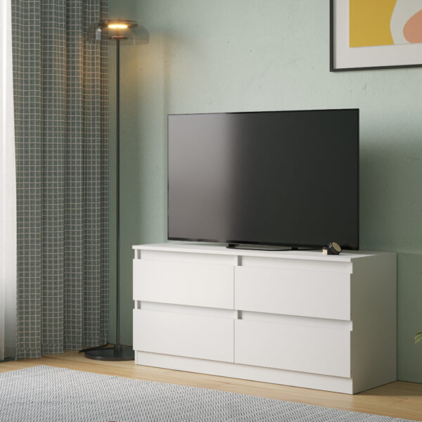Meuble TV SOLA - Blanc - 4 Tiroirs - Largeur 127 cm, Hauteur 61 cm, Profondeur 44 cm – Image 2