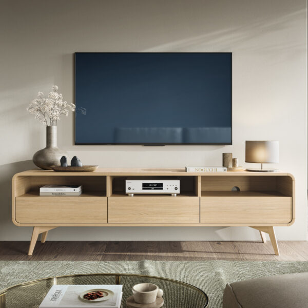 Meuble TV Cornwall – Chêne – Arrondi – 3 Tiroirs – Largeur 180 cm, Hauteur 53 cm, Profondeur 39 cm – Image 2