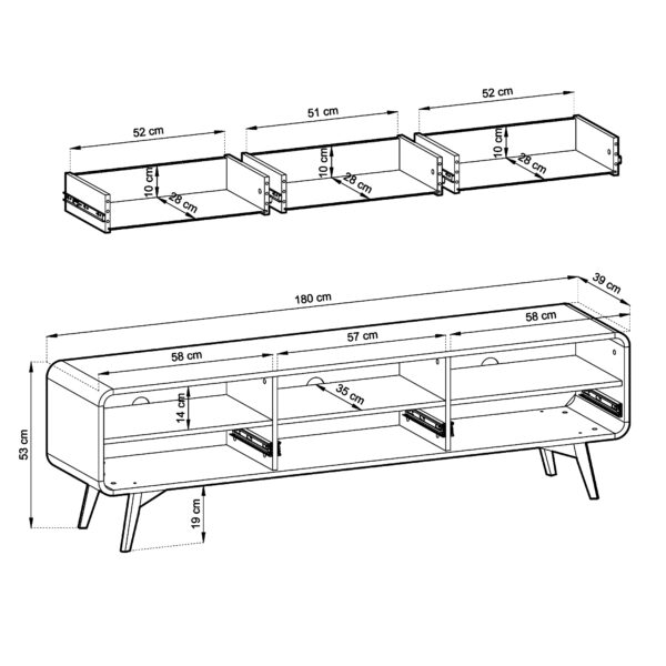 Meuble TV Cornwall – Chêne – Arrondi – 3 Tiroirs – Largeur 180 cm, Hauteur 53 cm, Profondeur 39 cm – Image 3