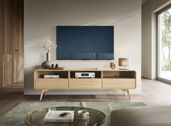Meuble TV Cornwall – Chêne – Arrondi – 3 Tiroirs – Largeur 180 cm, Hauteur 53 cm, Profondeur 39 cm – Image 6