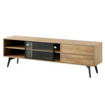 Meuble TV Estevan – Chêne doré – Vitré – 2 Tiroirs – Largeur 180 cm, Hauteur 54 cm, Profondeur 39 cm
