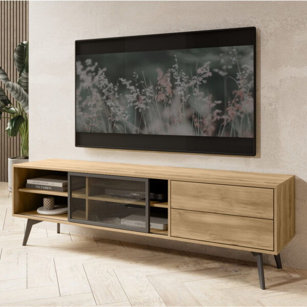 Meuble TV Estevan – Chêne doré – Vitré – 2 Tiroirs – Largeur 180 cm, Hauteur 54 cm, Profondeur 39 cm – Image 2