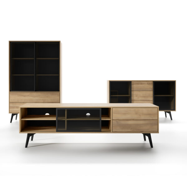 Meuble TV Estevan – Chêne doré – Vitré – 2 Tiroirs – Largeur 180 cm, Hauteur 54 cm, Profondeur 39 cm – Image 5