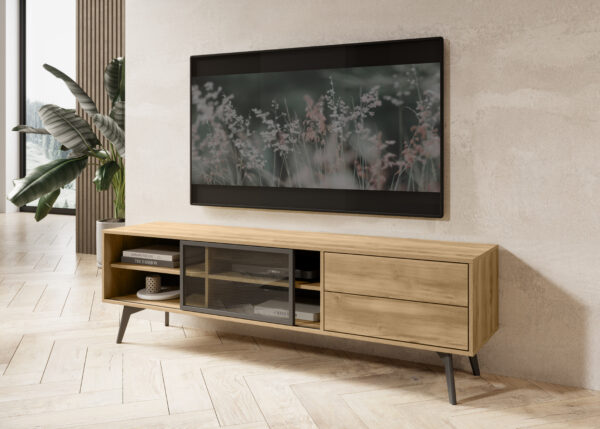 Meuble TV Estevan – Chêne doré – Vitré – 2 Tiroirs – Largeur 180 cm, Hauteur 54 cm, Profondeur 39 cm – Image 6