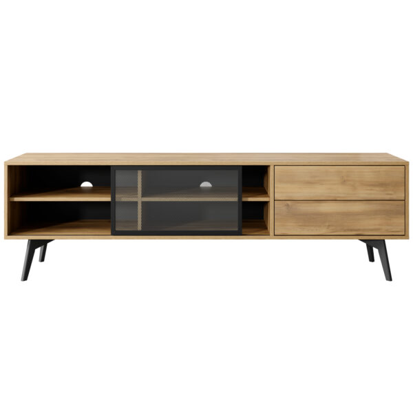 Meuble TV Estevan – Chêne doré – Vitré – 2 Tiroirs – Largeur 180 cm, Hauteur 54 cm, Profondeur 39 cm – Image 7