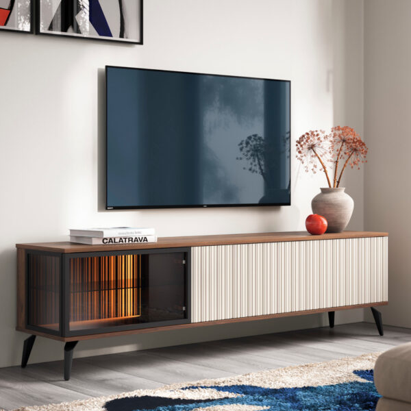 Meuble TV Dawson – Noyer – Cachemire – Vitré – Éclairage LED – Largeur 180 cm, Hauteur 50 cm, Profondeur 39 cm – Image 2