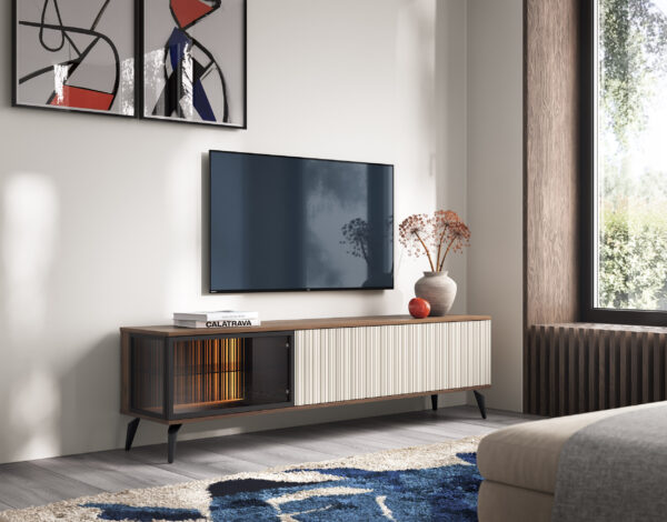Meuble TV Dawson – Noyer – Cachemire – Vitré – Éclairage LED – Largeur 180 cm, Hauteur 50 cm, Profondeur 39 cm – Image 6