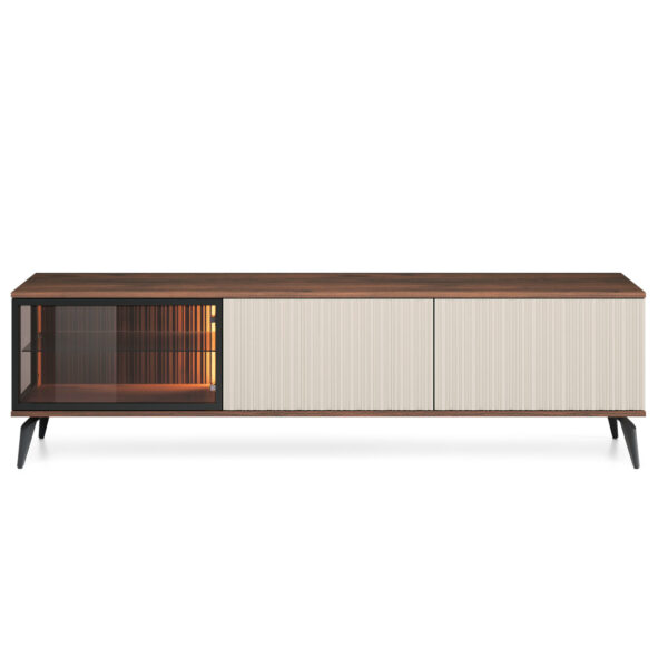 Meuble TV Dawson – Noyer – Cachemire – Vitré – Éclairage LED – Largeur 180 cm, Hauteur 50 cm, Profondeur 39 cm – Image 7