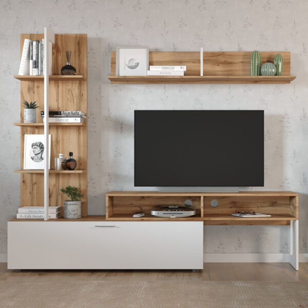 Meuble Mural MOLDE - Étagère en Ensemble - Chêne Wotan - Blanc - Largeur 251 cm, Hauteur 174 cm, Profondeur 37 cm – Image 2