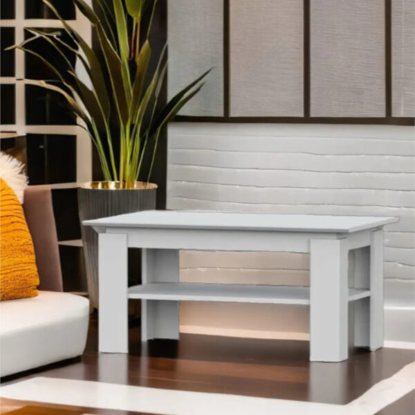 Table basse Sola - Blanc - Étagère supplémentaire - Largeur 90 cm, Hauteur 55 cm, Profondeur 43 cm – Image 2