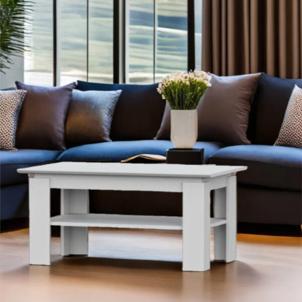 Table basse Sola - Blanc - Étagère supplémentaire - Largeur 90 cm, Hauteur 55 cm, Profondeur 43 cm – Image 5