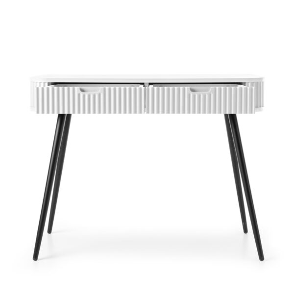 Coiffeuse MORDEN – Blanche – Façades rainurées – 2 Tiroirs – Largeur 103 cm, Hauteur 80 cm, Profondeur 49 cm – Image 4