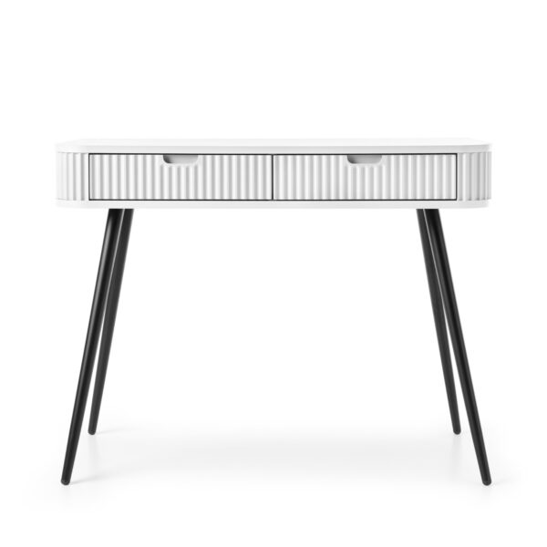 Coiffeuse MORDEN – Blanche – Façades rainurées – 2 Tiroirs – Largeur 103 cm, Hauteur 80 cm, Profondeur 49 cm – Image 7