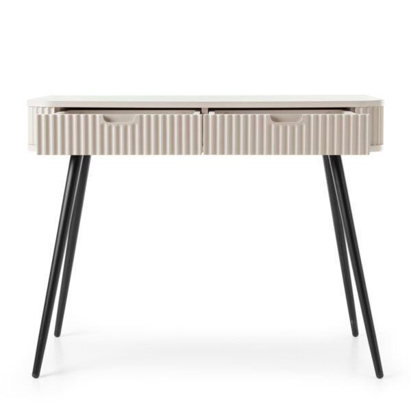 ...Coiffeuse MORDEN – Cachemire – Façades rainurées – 2 Tiroirs – Largeur 103 cm, Hauteur 80 cm, Profondeur 49 cm – Image 4