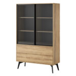 Armoire haute Estevan – Chêne doré – Vitrée – 2 Tiroirs – Largeur 100 cm, Hauteur 165 cm, Profondeur 39 cm