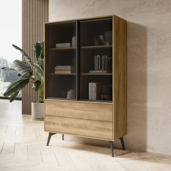 Armoire haute Estevan – Chêne doré – Vitrée – 2 Tiroirs – Largeur 100 cm, Hauteur 165 cm, Profondeur 39 cm – Image 2