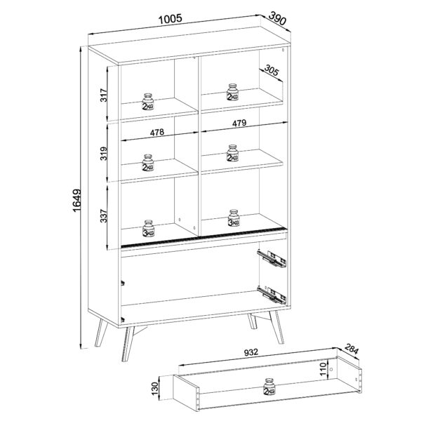 Armoire haute Estevan – Chêne doré – Vitrée – 2 Tiroirs – Largeur 100 cm, Hauteur 165 cm, Profondeur 39 cm – Image 3