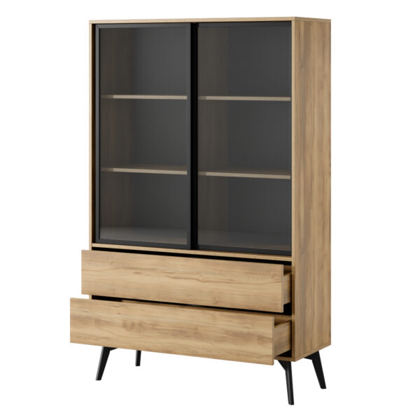 Armoire haute Estevan – Chêne doré – Vitrée – 2 Tiroirs – Largeur 100 cm, Hauteur 165 cm, Profondeur 39 cm – Image 4