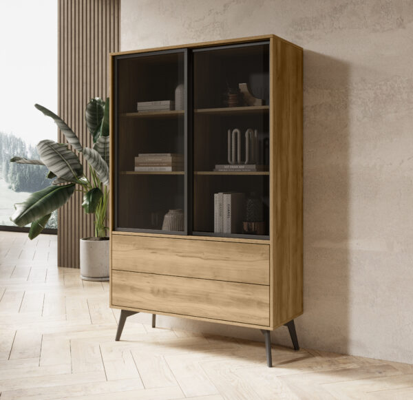 Armoire haute Estevan – Chêne doré – Vitrée – 2 Tiroirs – Largeur 100 cm, Hauteur 165 cm, Profondeur 39 cm – Image 7