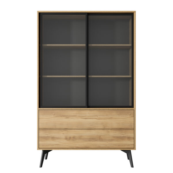 Armoire haute Estevan – Chêne doré – Vitrée – 2 Tiroirs – Largeur 100 cm, Hauteur 165 cm, Profondeur 39 cm – Image 8