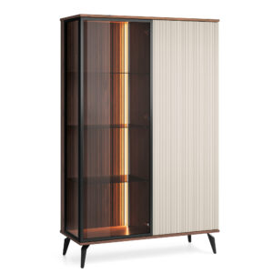 Armoire haute Dawson – Noyer – Cachemire – Vitrée – Éclairage LED – Largeur 103 cm, Hauteur 162 cm, Profondeur 39 cm