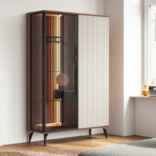 Armoire haute Dawson – Noyer – Cachemire – Vitrée – Éclairage LED – Largeur 103 cm, Hauteur 162 cm, Profondeur 39 cm – Image 2