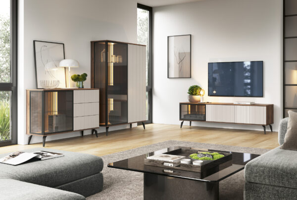 Armoire haute Dawson – Noyer – Cachemire – Vitrée – Éclairage LED – Largeur 103 cm, Hauteur 162 cm, Profondeur 39 cm – Image 5