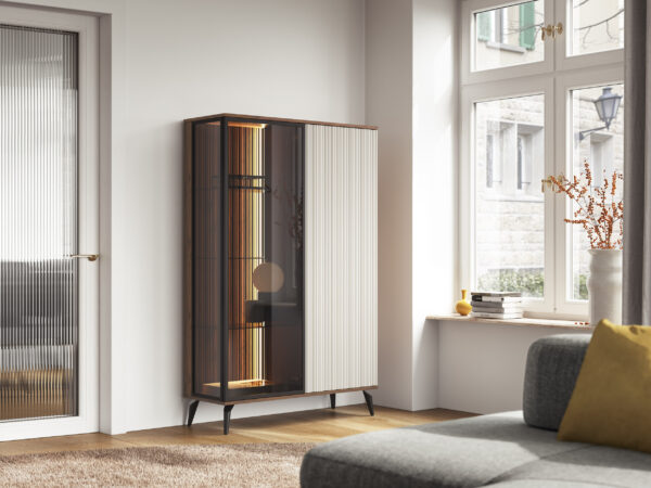 Armoire haute Dawson – Noyer – Cachemire – Vitrée – Éclairage LED – Largeur 103 cm, Hauteur 162 cm, Profondeur 39 cm – Image 6