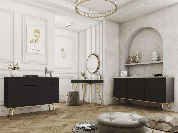 Commode Banff K160 - Noire - Pieds dorés - Largeur 160 cm, Hauteur 85 cm, Profondeur 39 cm – Image 5