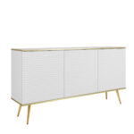 Commode Banff K160 MDF - Blanche - Pieds dorés - Façades rainurées - Largeur 160 cm, Hauteur 85 cm, Profondeur 39 cm