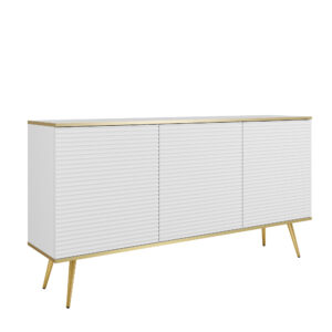 Commode Banff K160 MDF - Blanche - Pieds dorés - Façades rainurées - Largeur 160 cm, Hauteur 85 cm, Profondeur 39 cm