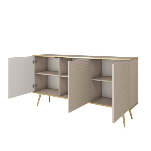 Commode Banff K160 MDF - Blanche - Pieds dorés - Façades rainurées - Largeur 160 cm, Hauteur 85 cm, Profondeur 39 cm – Image 4