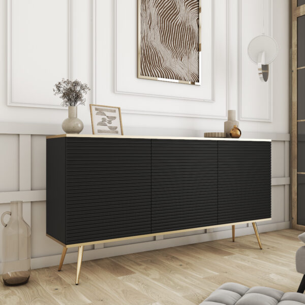 Commode Banff K160 MDF - Noire - Pieds dorés - Façades rainurées - Largeur 160 cm, Hauteur 85 cm, Profondeur 39 cm – Image 2