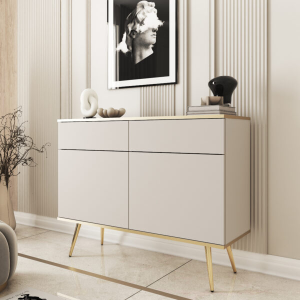 Commode Banff KSZ107 - Beige - Pieds dorés - 2 tiroirs - Largeur 107 cm, Hauteur 85 cm, Profondeur 39 cm – Image 2
