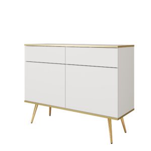 Commode Banff KSZ107 - Blanche - Pieds dorés - 2 tiroirs - Largeur 107 cm, Hauteur 85 cm, Profondeur 39 cm