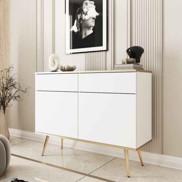 Commode Banff KSZ107 - Blanche - Pieds dorés - 2 tiroirs - Largeur 107 cm, Hauteur 85 cm, Profondeur 39 cm – Image 2
