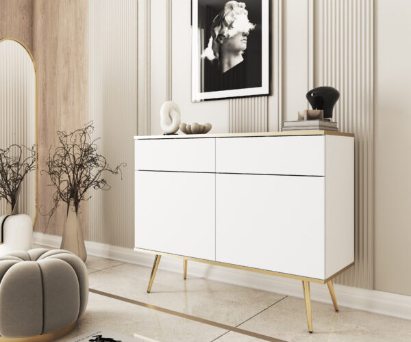 Commode Banff KSZ107 - Blanche - Pieds dorés - 2 tiroirs - Largeur 107 cm, Hauteur 85 cm, Profondeur 39 cm – Image 6