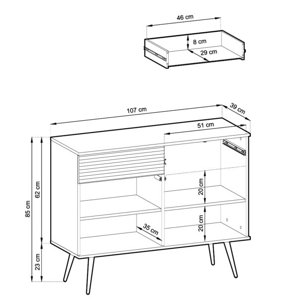 Commode Banff KSZ107 - Noire - Pieds dorés - 2 tiroirs - Largeur 107 cm, Hauteur 85 cm, Profondeur 39 cm – Image 3