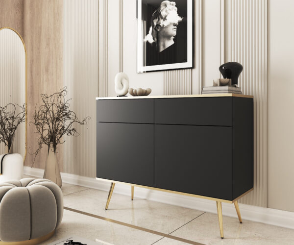 Commode Banff KSZ107 - Noire - Pieds dorés - 2 tiroirs - Largeur 107 cm, Hauteur 85 cm, Profondeur 39 cm – Image 6