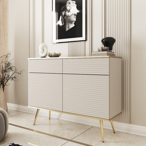 Commode Banff KSZ107 MDF - Beige - Pieds dorés - Façades rainurées - 2 tiroirs - Largeur 107 cm, Hauteur 85 cm, Profondeur 39 cm – Image 2