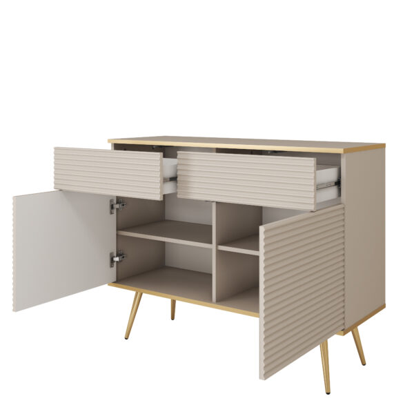 Commode Banff KSZ107 MDF - Beige - Pieds dorés - Façades rainurées - 2 tiroirs - Largeur 107 cm, Hauteur 85 cm, Profondeur 39 cm – Image 4