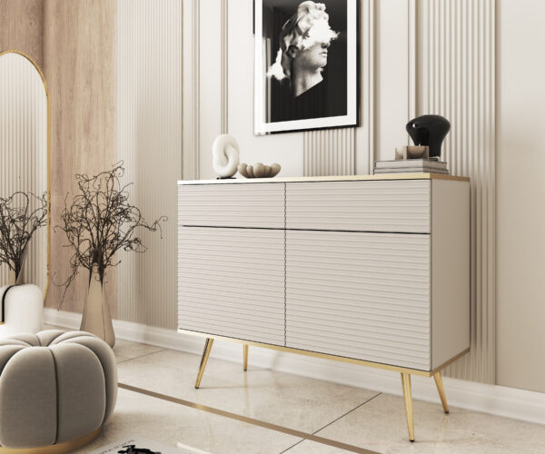 Commode Banff KSZ107 MDF - Beige - Pieds dorés - Façades rainurées - 2 tiroirs - Largeur 107 cm, Hauteur 85 cm, Profondeur 39 cm – Image 6
