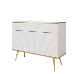 Commode Banff KSZ107 MDF - Blanche - Pieds dorés - Façades rainurées - 2 tiroirs - Largeur 107 cm, Hauteur 85 cm, Profondeur 39 cm