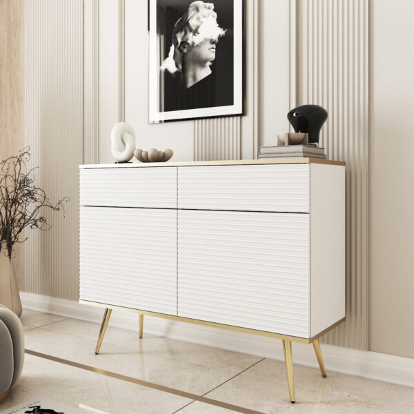 Commode Banff KSZ107 MDF - Blanche - Pieds dorés - Façades rainurées - 2 tiroirs - Largeur 107 cm, Hauteur 85 cm, Profondeur 39 cm – Image 2